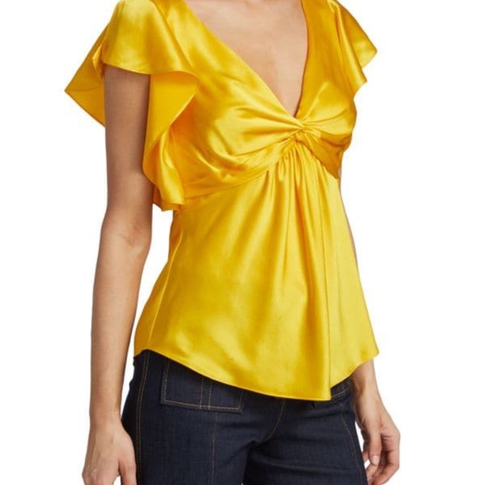 Cinq a Sept Yellow Silk Blouse Going Out Top with Ruffle Detail